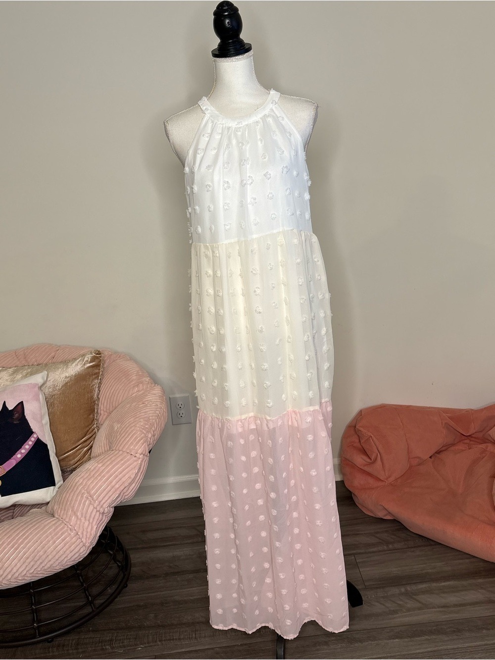 Andrée by Unit Maxi Dress M Pink White Swiss Dot - Picture 2 of 9